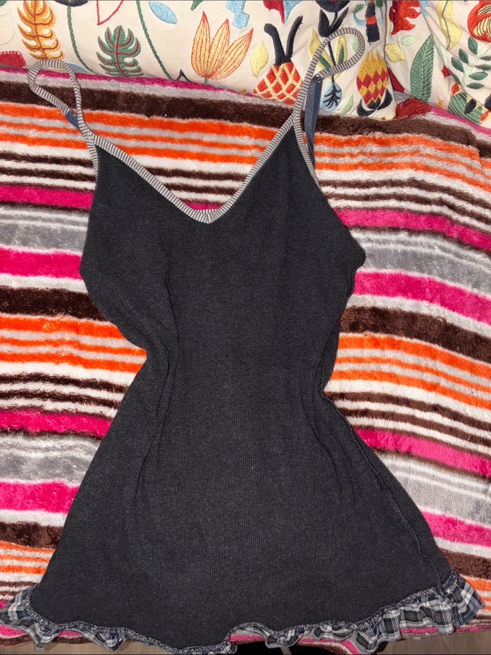 Black Ribbed Cami Dress with Plaid Trim and cut out on back